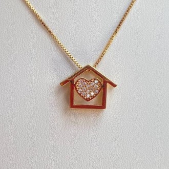 Detalhes do produto Gargantilha Amo Minha Casa com Coração Cravejado Folheado a Ouro 18K