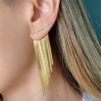 Detalhes do produto Brinco Ear Jacket Franja Grande Folheado a Ouro 18k