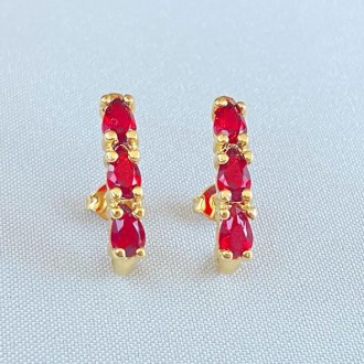 Detalhes do produto Brinco Ear Hook Zircônias Gota Vermelho Rubi, Folheado a Ouro 18K