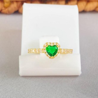 Detalhes do produto Anel Coração Verde Esmeralda Cravejado com Zircônia, Folheado a Ouro 18K