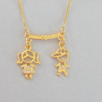 Detalhes do produto Gargantilha Personalizada AMOR ETERNO Canga Casal, Cravejado com Zircônias, Folheado a Ouro 18K