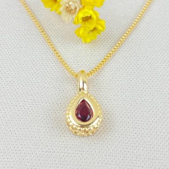 Detalhes do produto Gargantilha Detalhes Zircônia Gota Vermelho Rubi, Folheada a Ouro 18K